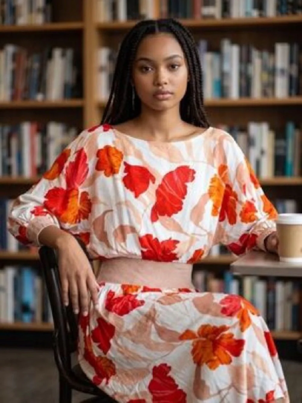 Anthropologie Floral Puff-Sleeve Midi Dress in Cream with Red & Orange Print